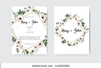 Wedding invite, invitation. Botanical wedding invitation card template design, white and pink flowers. Vector template set