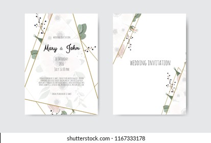 Wedding invite, invitation. Botanical wedding invitation card template design, white and pink flowers. Vector template set