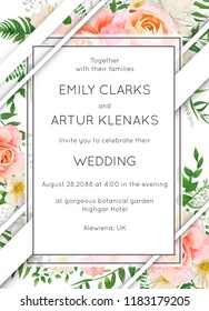 Wedding invite invitation card floral design. Garden pink peach garden Rose flower, white Magnolia flowers, forest greenery, green eucalyptus leaves & modern stripe decoration. Elegant vector template Wedding invite invitation card floral design. Garden pink peach garden Rose flower, white Magnolia flowers, forest greenery, green eucalyptus leaves & modern stripe decoration. Elegant vector template