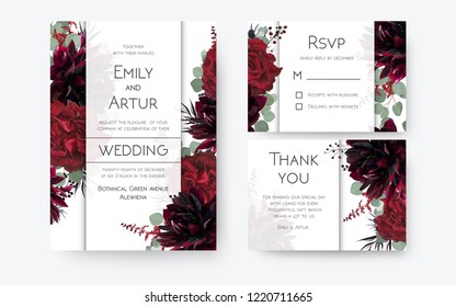 Wedding Invite, Invitation Card, Rsvp, Thank You Cards Floral Design. Vintage Red Rose Flowers, Burgundy Dahlia, Eucalyptus Silver Greenery Branches, Berries Decoration. Bohemian Boho Chic Stylish Set