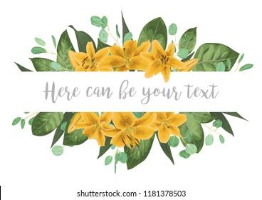 Wedding invite invitation card vector floral greenery design. Forest greenery, herbs, eucalyptus, yellow lilly, botanical green. Horizontal template in watercolor style