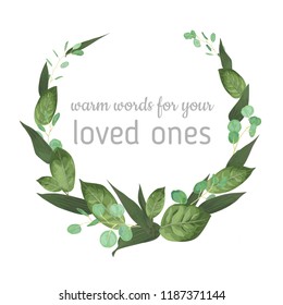 Wedding invite invitation card vector floral greenery design. Eucalyptus, lily leaves, waxflower natural, botanical green, decorative semicircle, circlec. Greeting watercolor art illustration
