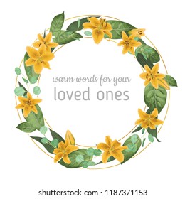 Wedding invite invitation card vector floral greenery design. Eucalyptus, yellow lily, waxflower natural, botanical green, decorative round, circlece. Decorative round frame
