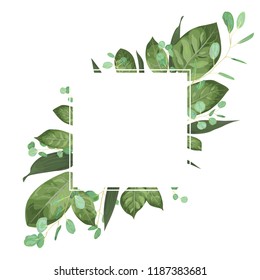 Wedding invite invitation card vector floral greenery design. Eucalyptus, lily leaves, waxflower natural, botanical green, decorative square. Postcard template