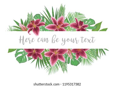 Wedding invite invitation card vector floral greenery design. Tropical palm, burgundy lily flowers, leaves, monstera, kentia palm trees, diffenbachia, coconut. Horizontal template 
