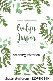 Wedding invite invitation card vector floral greenery design. Fern, eucalyptus, boxwood, botanical green, decorative square. Postcard template
