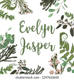 Wedding invite invitation card vector floral greenery design. Fern, eucalyptus, boxwood, botanical green, brunia. Decorative square. Postcard template
