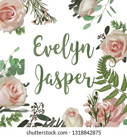 Wedding invite invitation card vector floral greenery design flower. Fern, eucalyptus, boxwood, botanical green, brunia, pink rose. Decorative square. Postcard template
