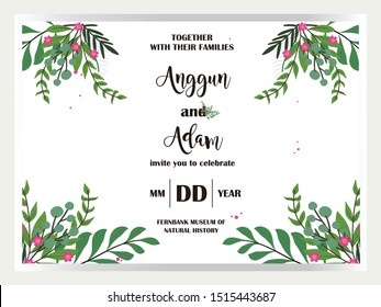 Wedding invite invitation card vector floral greenery design. Vector rustic postcard illustration layout. 