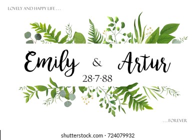 Wedding invite invitation card vector floral greenery design: Forest fern frond, Eucalyptus branch green leaves foliage herb greenery, berry frame, border. Poster, greeting Watercolor art illustration