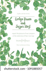 Wedding invite invitation menu card vector floral greenery design: forest Eucalyptus branches & green leaves foliage greenery frame pattern. Postcard, poster label. Watercolor elegant hand drawn set
