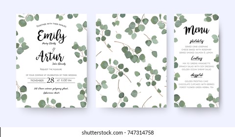 Wedding invite invitation menu  card vector floral greenery design: forest Eucalyptus branches & green leaves foliage greenery frame pattern. Postcard, poster label. Watercolor elegant hand drawn set 