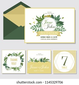 Wedding invite, invitation menu rsvp thank you card vector floral greenery design: Forest fern frond, branches of olive. Eucalyptus branch green leaves foliage herbs greenery berry frame border. 