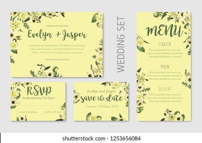Wedding invite, invitation menu rsvp thank you card vector floral greenery design. Forest leaf, fern, branches, buxus, eucalyptus. Flowers of white lily, gerbera, dahliaer
