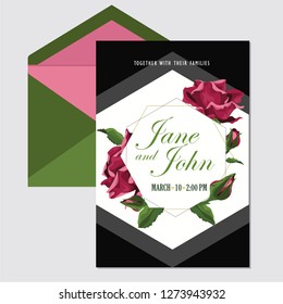 Wedding invite, invitation menu rsvp thank you card vector floral greenery design: roses and buds, green branches.