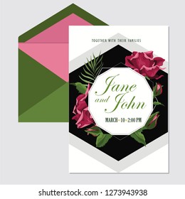 Wedding invite, invitation menu rsvp thank you card vector floral greenery design: roses and buds, green branches.