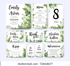 Wedding invite, invitation menu rsvp thank you card vector floral greenery design: Forest fern frond, Eucalyptus branch green leaves foliage herbs greenery berry frame border. Watercolor template set 