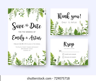 Wedding Invite, Invitation Menu Rsvp Thank You Card Vector Floral Greenery Design: Forest Fern Frond, Eucalyptus Branch Green Leaves Foliage, Herbs Greenery Leaf Frame Border. Watercolor Template Set
