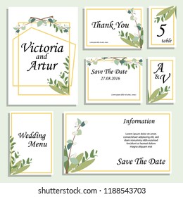 Wedding invite, invitation menu, save the date,  thank you card vector floral greenery design:  Watercolor template set 