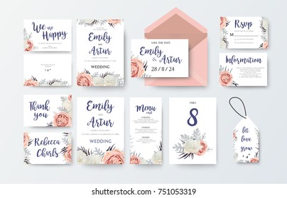 Wedding Invite, Invitation Menu, Thank You, Rsvp, Label Card Vector Floral Design With Pink Peach Garden Rose White Peony Flower, Agonis Dusty Miller Leaves Pattern. Watercolor Elegant Big Set
