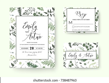 Wedding invite, invitation rsvp card vector floral greenery silhouette design: palm fern tree, foliage natural branches, green leaves, herbs, berries tropical heel hand drawn silhouette Watercolor set