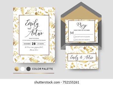 Wedding invite, invitation rsvp postcard vector stylish chic floral design; golden foil print pattern of forest leaves, palm, fern fronds, eucalyptus branches, herbs mix. Luxury, printable elegant set