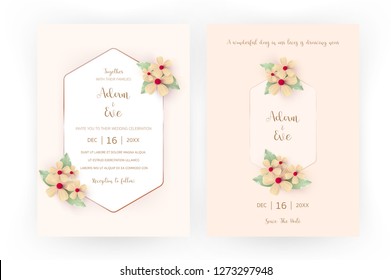 Wedding invite, invitation, rsvp, save the date card design with elegant flower pink leaves, cute golden geometric pattern. Vector Wedding invite card template set, invitation card, wedding card