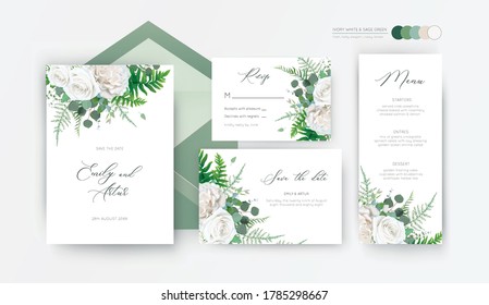 Wedding invite, invitation, rsvp, save the date, menu card floral design with elegant ivory white garden peony rose flowers, eucalyptus branches, leaves, cute forest herbs & ferns. Vector template set