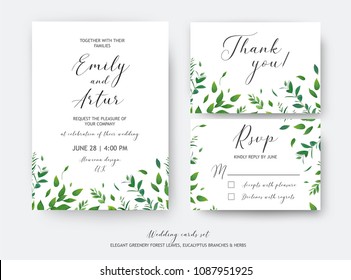 Wedding invite, invitation, RSVP, thank you cards vector art design.  Watercolor style green leaves, eucalyptus tree branches, forest herbs, plants. Elegant, greenery, rustic, natural minimalist suite