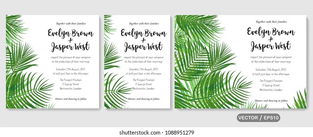 Wedding invite, invitation rsvp thank you card vector floral greenery design: Forest tropical palm leaf Areca branch green, foliage herbs elegant frame border. Watercolor cute set
