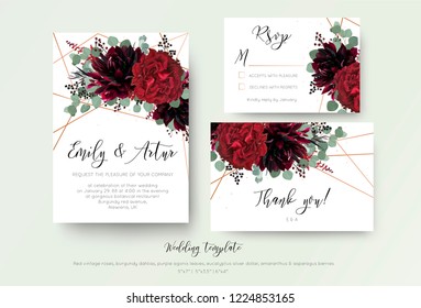 Wedding invite invitation, rsvp, thank you card floral design. Red rose flower, burgundy dahlia, eucalyptus silver dollar branches, berries wreath with rosy copper geometrical decoration. Bohemian set