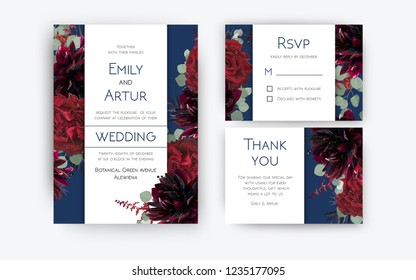 Wedding Invite Invitation, Rsvp, Thank You Card Floral Color Design. Red Rose Flowers, Dahlias, Eucalyptus Silver Dollar Branches, Berries Wreath Modern Decoration. Bohemian Burgundy And Navy Blue Set