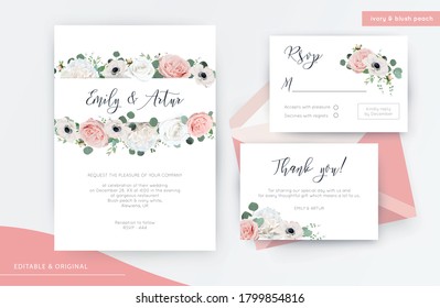 Wedding invite, invitation, rsvp, thank you card floral watercolor design. Elegant ivory white & blush peach garden peony Rose flowers, stylish anemone Eucalyptus branches, greenery leaves. Vector set