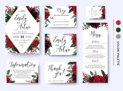 Wedding Invite, Invitation Save The Date Rsvp Thank You Information Cards Set. Vector Watercolor Floral Bouquet Rhombus Frame Design: Red Burgundy Rose Flower Green Leaves Eucalyptus Branch & Berries
