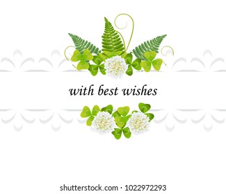 Wedding invite, invitation, save the date card Design with green leaves greenery clover and white flowers,fern foliage forest bouquet frame. White ribbon.Vector rustic postcard illustration layout.