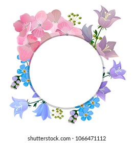 Wedding invite, invitation, save the date card design. Postcard with delicate, spring flowers. Hydrangea, bells and forget-me-nots, spring bouquet. Vector illustration