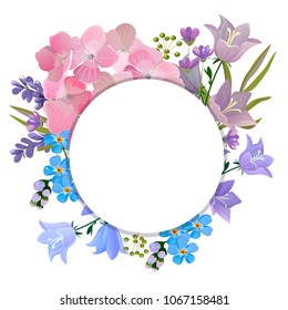 Wedding invite, invitation, save the date card design. Postcard with delicate, spring flowers. Hydrangea, bells, lavender and forget-me-nots, spring bouquet. Vector illustration