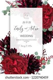 Wedding invite, invitation save the date card design. Red marsala rose flower, burgundy dahlia, eucalyptus silver dollar branches and delicate berries frame, border decoration. Bohemian style template