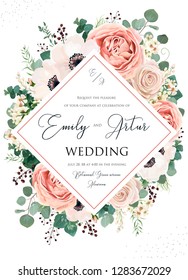 Wedding invite, invitation, save the date card floral design. Pink Rose flower, blush dusty Anemone flowers, eucalyptus silver, greenery leaves, branches, berry decoration.  Elegant, romantic template