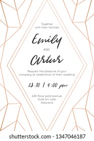 Wedding invite, invitation save the date card modern design with geometrical golden rose, copper, metallic foil classy decorative frame, border. Beautiful, abstract art. Trendy, luxury vector template