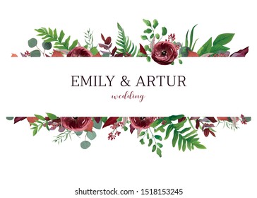 Wedding invite, invitation, save the date card. Vector floral bouquet frame design: red garden Anemone flower, seeded burgundy & silver eucalyptus branches, green fern leaves. Perfect elegant template