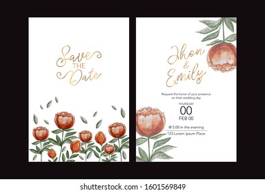 Wedding invite, invitation, save the date card with vector floral bouquet frame design: garden red, burgundy Rose flower, white peony, seeded Eucalyptus branches, amaranthus & silver green fern leaves