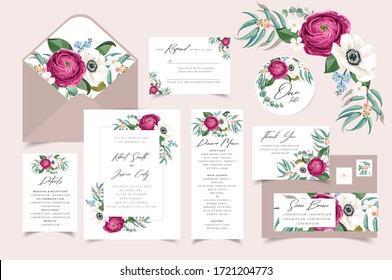 Wedding invite, invitation, save the date card with vector floral bouquet frame design.  Vector template set