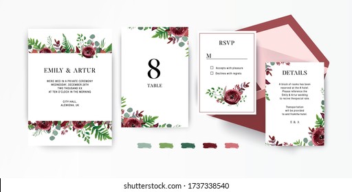 Wedding invite, invitation, save the date, rsvp stationery set. Vector floral design template. Watercolor Red garden Ranunculus flowers, seeded burgundy & silver sage eucalyptus branches & cute leaves