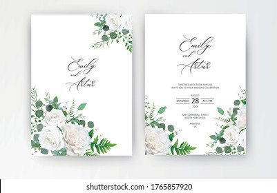 Wedding invite, invitation, save the date card. Vector floral frame design: ivory white powder peony Rose flower, Eucalyptus branch, greenery forest fern leaves, plants. Elegant romantic cute template