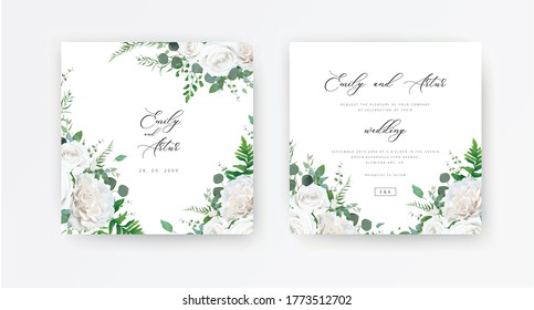 Wedding invite, invitation, save the date card set. Vector floral frame design: ivory white peony Rose flowers, Eucalyptus branch, greenery and forest fern leaves illustration. Elegant rustic template