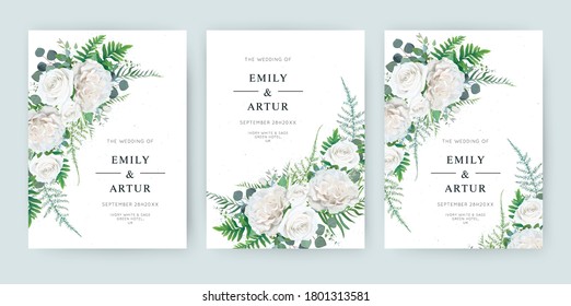 Invitación de boda, invitación guardar el diseño floral de la tarjeta de fecha. Elegante acuarela estilo marfil jardín blanco peony Flores rosas, helechos espárragos hojas de helecho y vegetación. Conjunto de plantillas modificables de moda