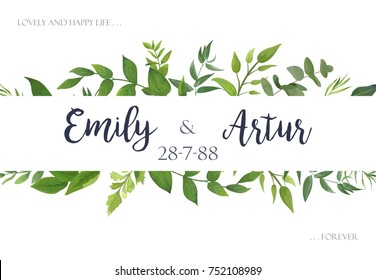 Wedding invite, invitation, save the date card Design with green leaves greenery eucalyptus foliage forest bouquet frame. Vector rustic postcard illustration layout. 
