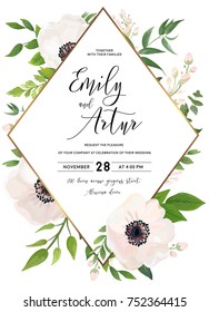 Wedding invite, invitation, save the date card design: white pink Anemone poppy flower, green leaves, eucalyptus greenery foliage forest bouquet and golden rhombus frame. Vector rustic postcard layout