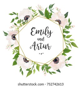 Wedding invite, invitation, save the date card design: white pink Anemone poppy flower, green leaves, eucalyptus greenery foliage forest bouquet and golden geometric foil frame. Vector rustic postcard